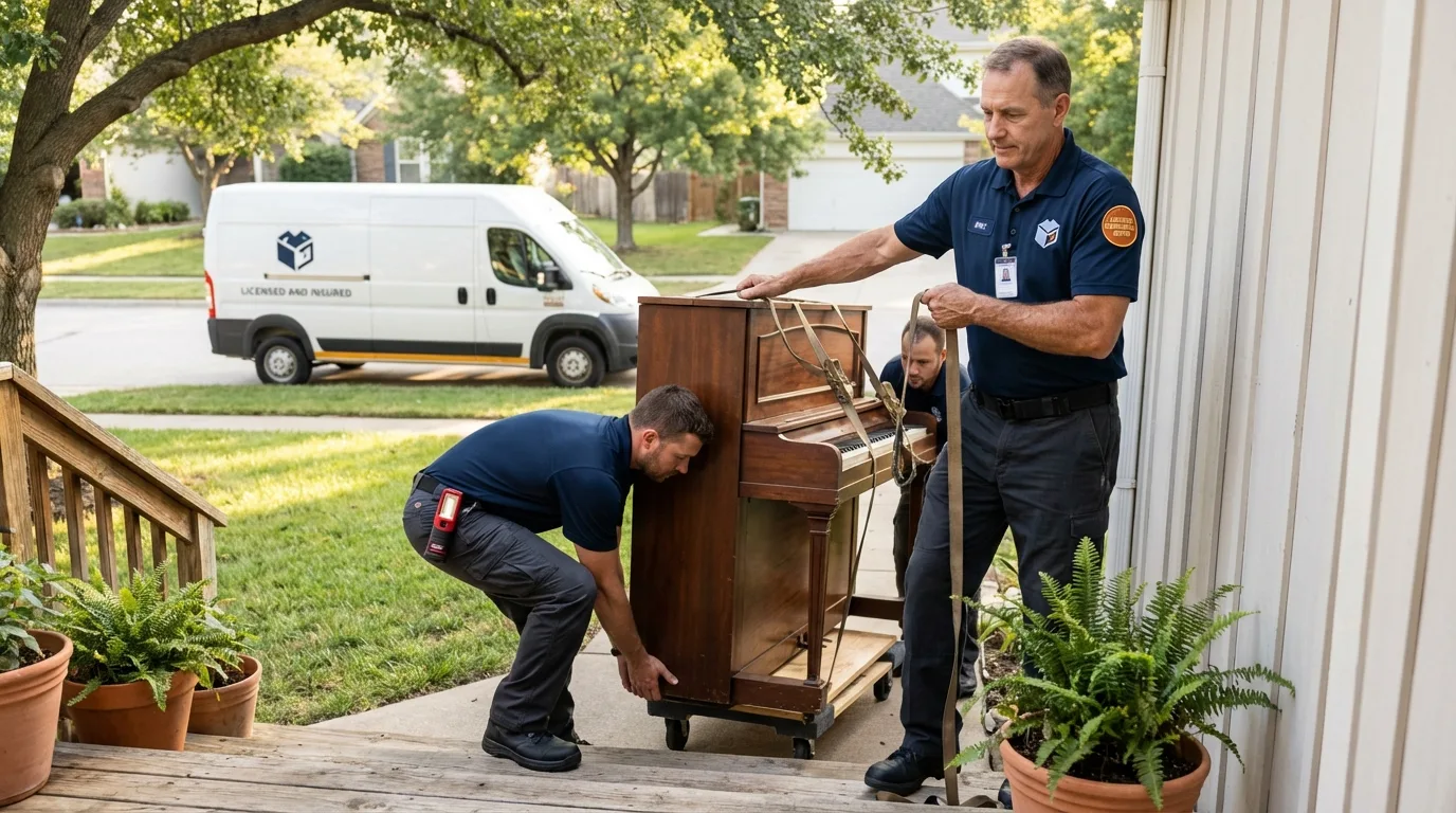 Licensed piano movers securing grand piano in Ashburn, GA