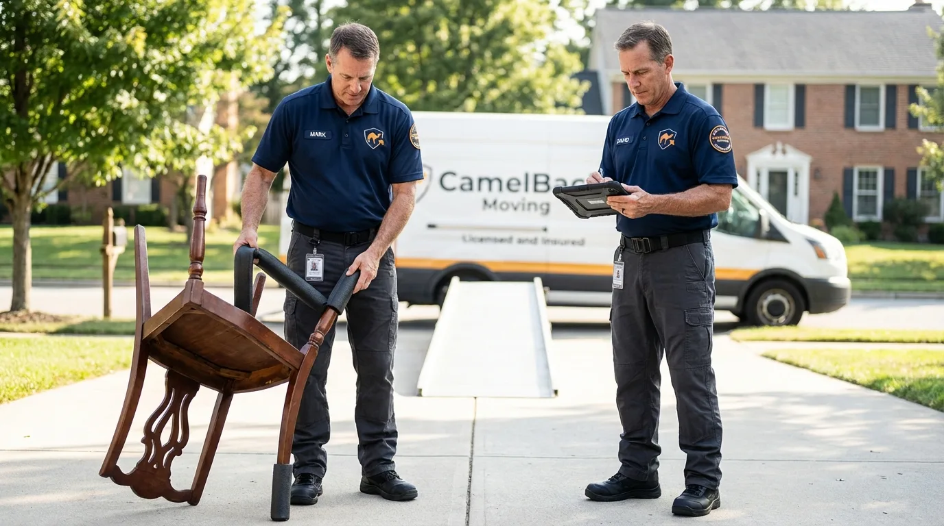 Movers inspecting furniture for damage prevention before loading in Ashburn, GA
